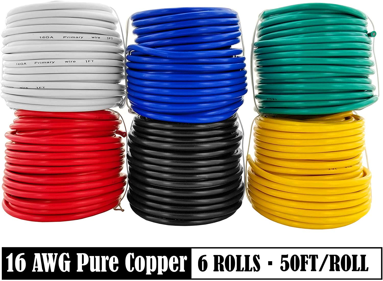 GS Power 16 AWG (American Wire Gauge) OFC Pure Copper Automotive Primary Wire 6 Roll Color Combo (50 Feet Roll, 300 FT Total) for 12V Car Audio Video Trailer Harness Wiring (Also in 14 & 18 GA Combo)