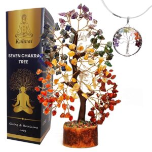 kuhvai seven chakra tree of life, crystal tree for positive energy, 7 chakra tree, feng shui tree, stone decor natural artificial tree, 7 chakra tree of life healing gemstones pendant