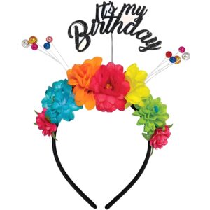 "It's My Birthday" Colorful Headband With Flowers - 11.75" x 13" (1 Pc.) - Adorable Headwear Accessory for Birthday Celebrations For Kids