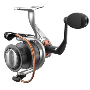 quantum reliance spinning fishing reel, size 30 reel, changeable right- or left-hand retrieve, anti-corrosive bearings, water-tight seal, saltguard protection, silver/black