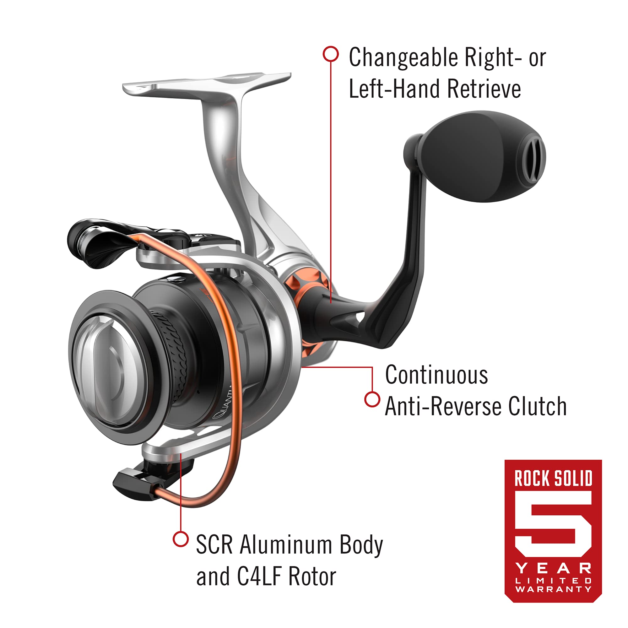 Quantum Reliance Spinning Fishing Reel, Size 30 Reel, Changeable Right- or Left-Hand Retrieve, Anti-Corrosive Bearings, Water-Tight Seal, Saltguard Protection, Silver/Black