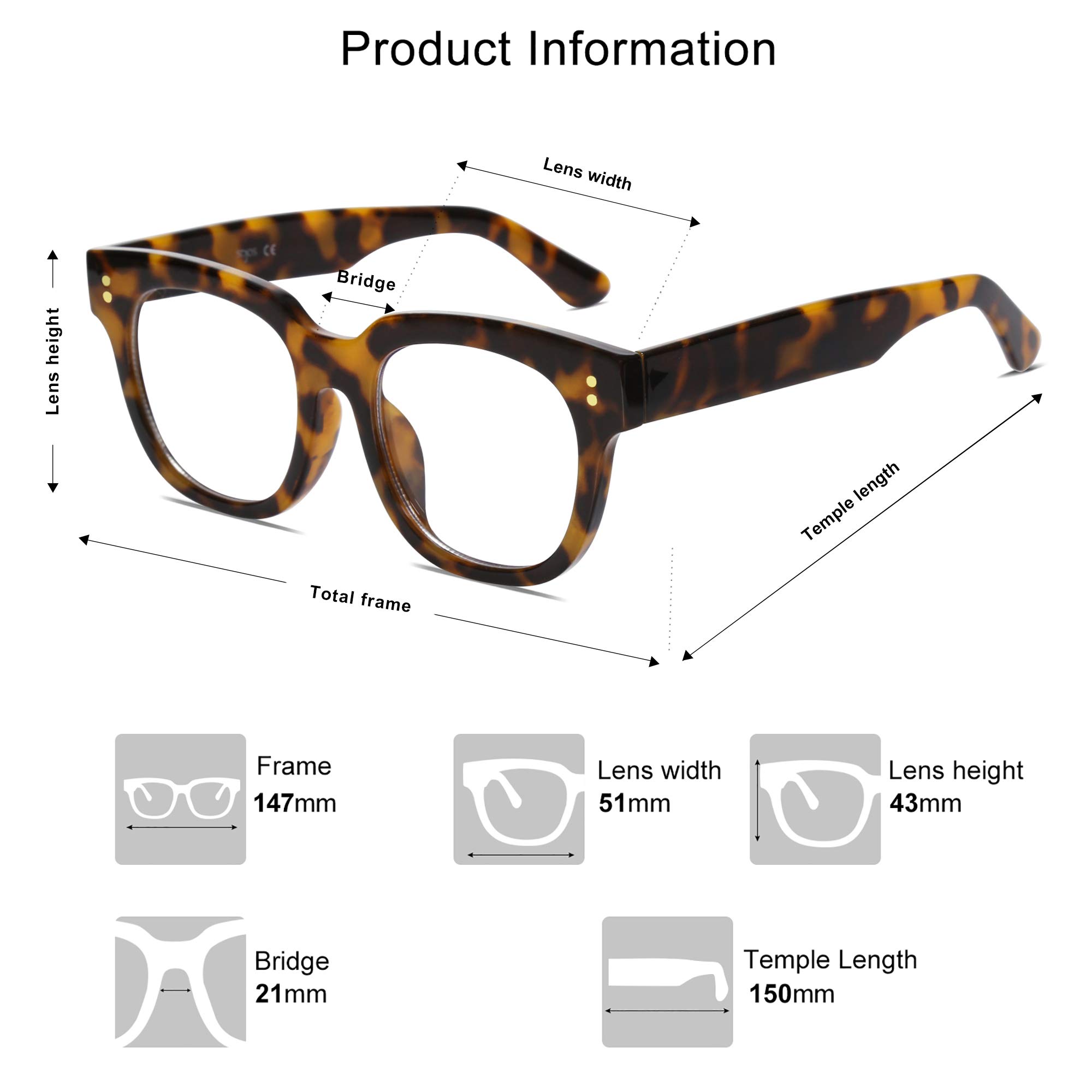 SOJOS Oversized Square Anti Blue Light Blocking Glasses for Women Thick Computer Eyeglasses Double Metal Studs SJ5053 with Tortoise Frame/Anti-Blue Light Lens