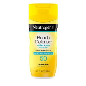 neutrogena beach defense water-resistant sunscreen lotion with broad spectrum spf 30, oil-free and paba-free oxybenzone-free, uva/uvb sun protection, spf 50, 6.7 fl. oz