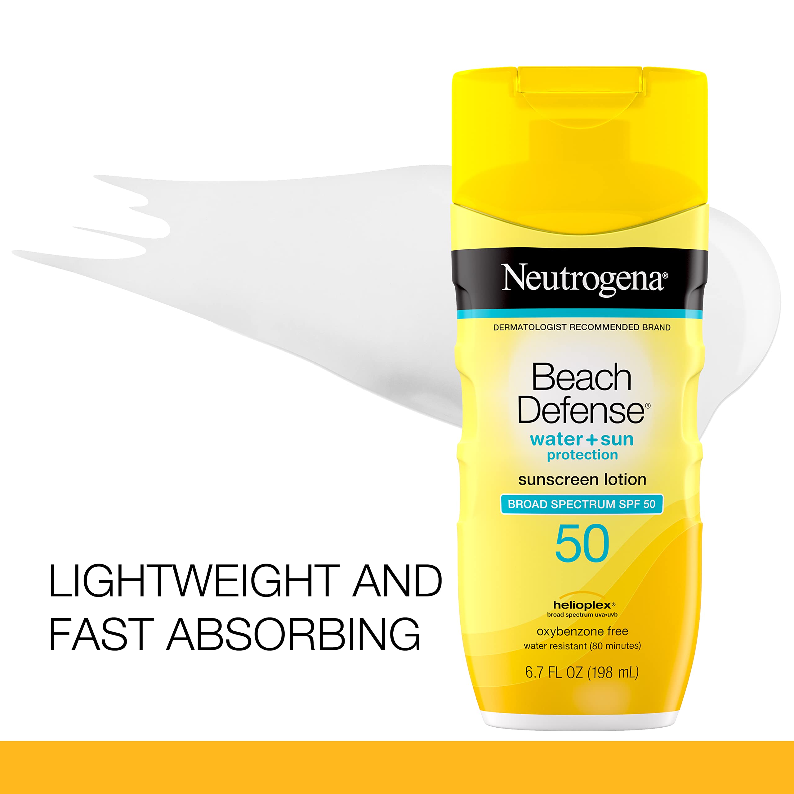 Neutrogena Beach Defense Water-Resistant Sunscreen Lotion with Broad Spectrum SPF 30, Oil-Free and PABA-Free Oxybenzone-Free, UVA/UVB Sun Protection, SPF 50, 6.7 fl. oz