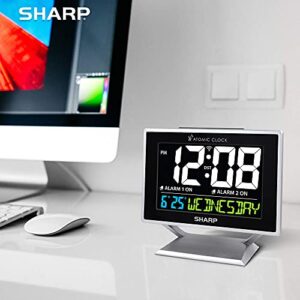 Sharp Desktop Dual Alarm Clock with Color Display - Atomic Accuracy - Calendar & Day of Week Time/Date Display