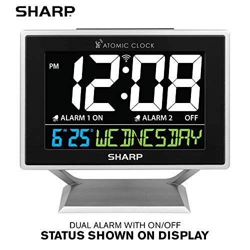 Sharp Desktop Dual Alarm Clock with Color Display - Atomic Accuracy - Calendar & Day of Week Time/Date Display