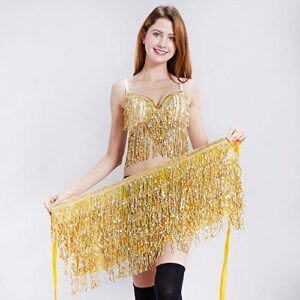 Women's Sequin Tassel Skirts Rave Fringe Hip Scarf for Festival(Gold)