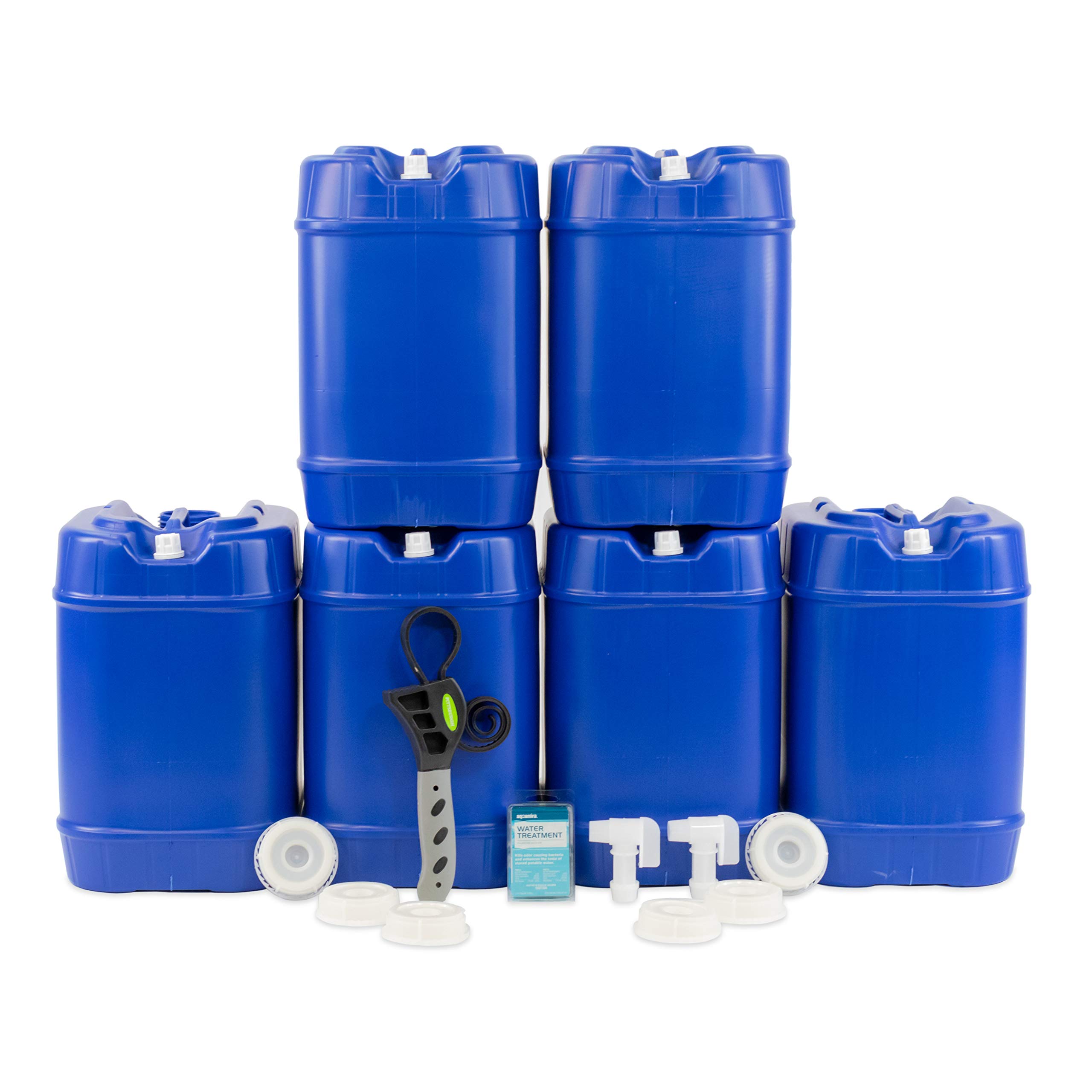 Emergency Water Storage 5 Gallon Water Tank - 6 Tanks (30 Gallons) - 5 Gallons Each w/Lids + Spigot & Water Treatment - Food Grade, Portable, Stackable, Easy Fill - Survival Supply Water Container