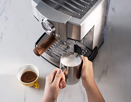 brim 15 Bar Espresso Machine, Cappuccino, Americano, Latte and Espresso Maker, Milk Steamer and Frother, Removable Parts for Easy Cleaning, Stainless Steel/Wood Accents, wood finish handle (50030)