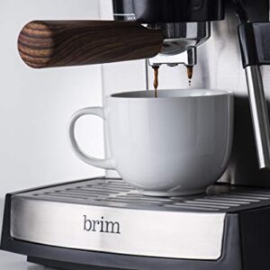 brim 15 Bar Espresso Machine, Cappuccino, Americano, Latte and Espresso Maker, Milk Steamer and Frother, Removable Parts for Easy Cleaning, Stainless Steel/Wood Accents, wood finish handle (50030)