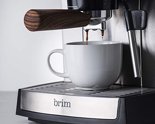 brim 15 Bar Espresso Machine, Cappuccino, Americano, Latte and Espresso Maker, Milk Steamer and Frother, Removable Parts for Easy Cleaning, Stainless Steel/Wood Accents, wood finish handle (50030)