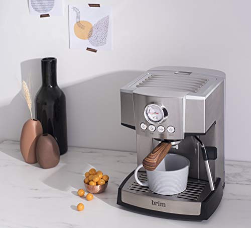 brim 15 Bar Espresso Machine, Cappuccino, Americano, Latte and Espresso Maker, Milk Steamer and Frother, Removable Parts for Easy Cleaning, Stainless Steel/Wood Accents, wood finish handle (50030)