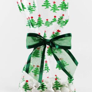 Saybrook Products Christmas Trees Holiday Cellophane Treat Party Favor Bags with Twist-Tie Organza Bow. Set of 10 Ready-to-Use, Gussetted 11x5x3 Goodie Bags with Green Bows.