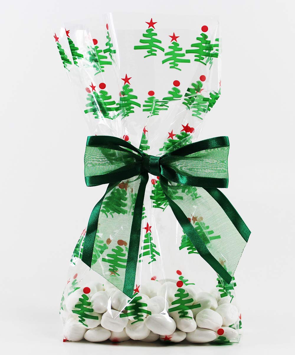 Saybrook Products Christmas Trees Holiday Cellophane Treat Party Favor Bags with Twist-Tie Organza Bow. Set of 10 Ready-to-Use, Gussetted 11x5x3 Goodie Bags with Green Bows.