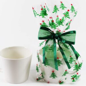 Saybrook Products Christmas Trees Holiday Cellophane Treat Party Favor Bags with Twist-Tie Organza Bow. Set of 10 Ready-to-Use, Gussetted 11x5x3 Goodie Bags with Green Bows.