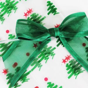 Saybrook Products Christmas Trees Holiday Cellophane Treat Party Favor Bags with Twist-Tie Organza Bow. Set of 10 Ready-to-Use, Gussetted 11x5x3 Goodie Bags with Green Bows.