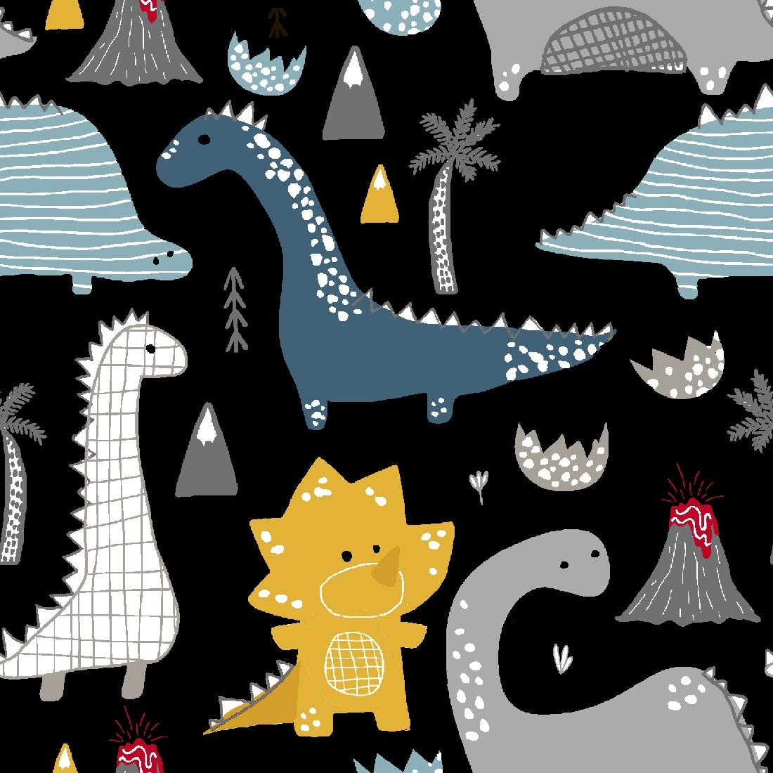 2 Dinosaur Fat Quarters 100% Cotton Black Background ~ Quilt Fabric ~ Crafts ~ Sewing