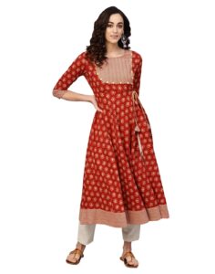 yash gallery women's cotton slub floral print angrakha kurtis (rustic brown)