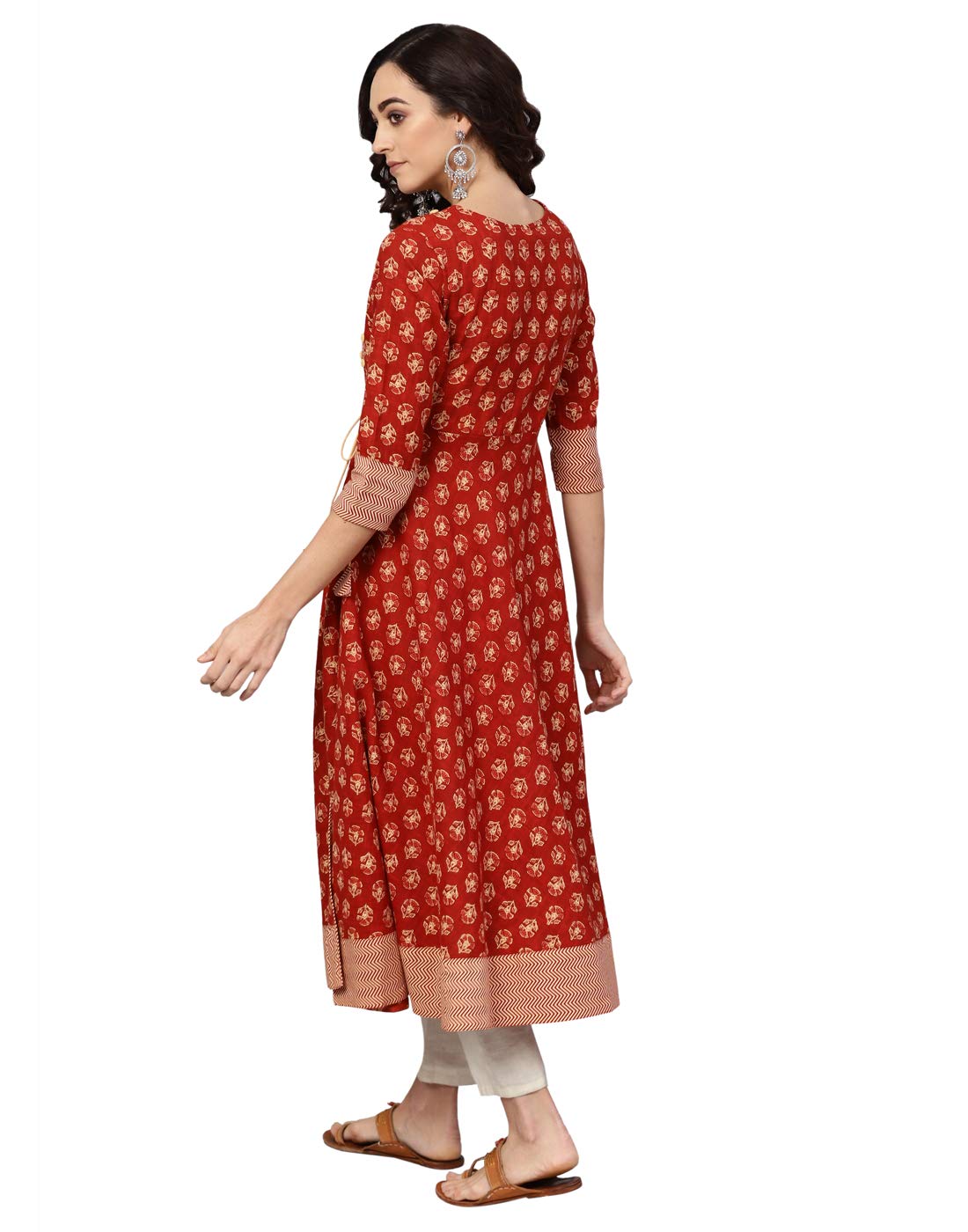 Yash Gallery Women's Cotton Slub Floral Print Angrakha Kurtis (Rustic Brown)