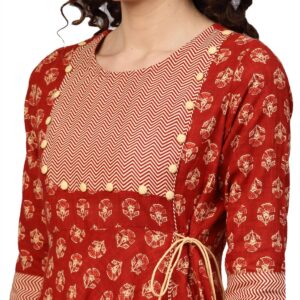 Yash Gallery Women's Cotton Slub Floral Print Angrakha Kurtis (Rustic Brown)