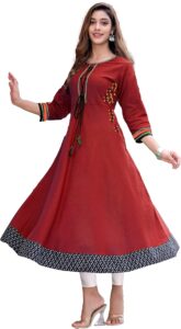 yash gallery women's cotton slub embroidered 3/4 sleeve round neck anarkali kurtis (us, alpha, large, regular, regular, maroon)