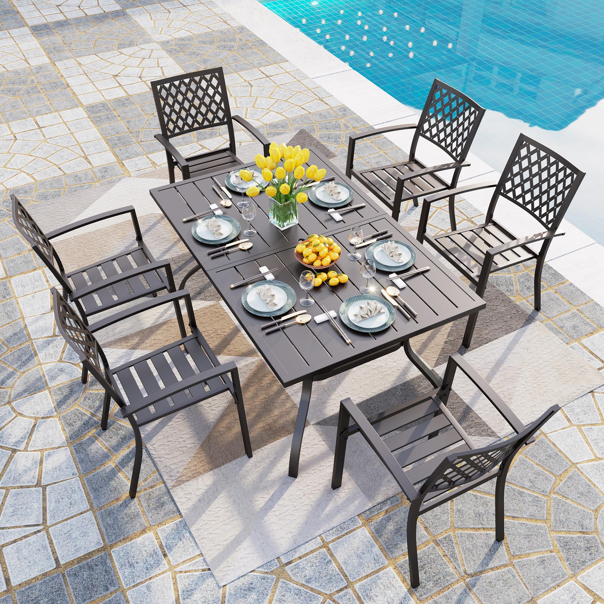 PHI VILLA 7-Piece Metal Patio Outdoor Table and Chairs Outdoor Dining Set - 60" Patio Table with Umbrella Hole and 6 Backyard Garden Chairs, Black