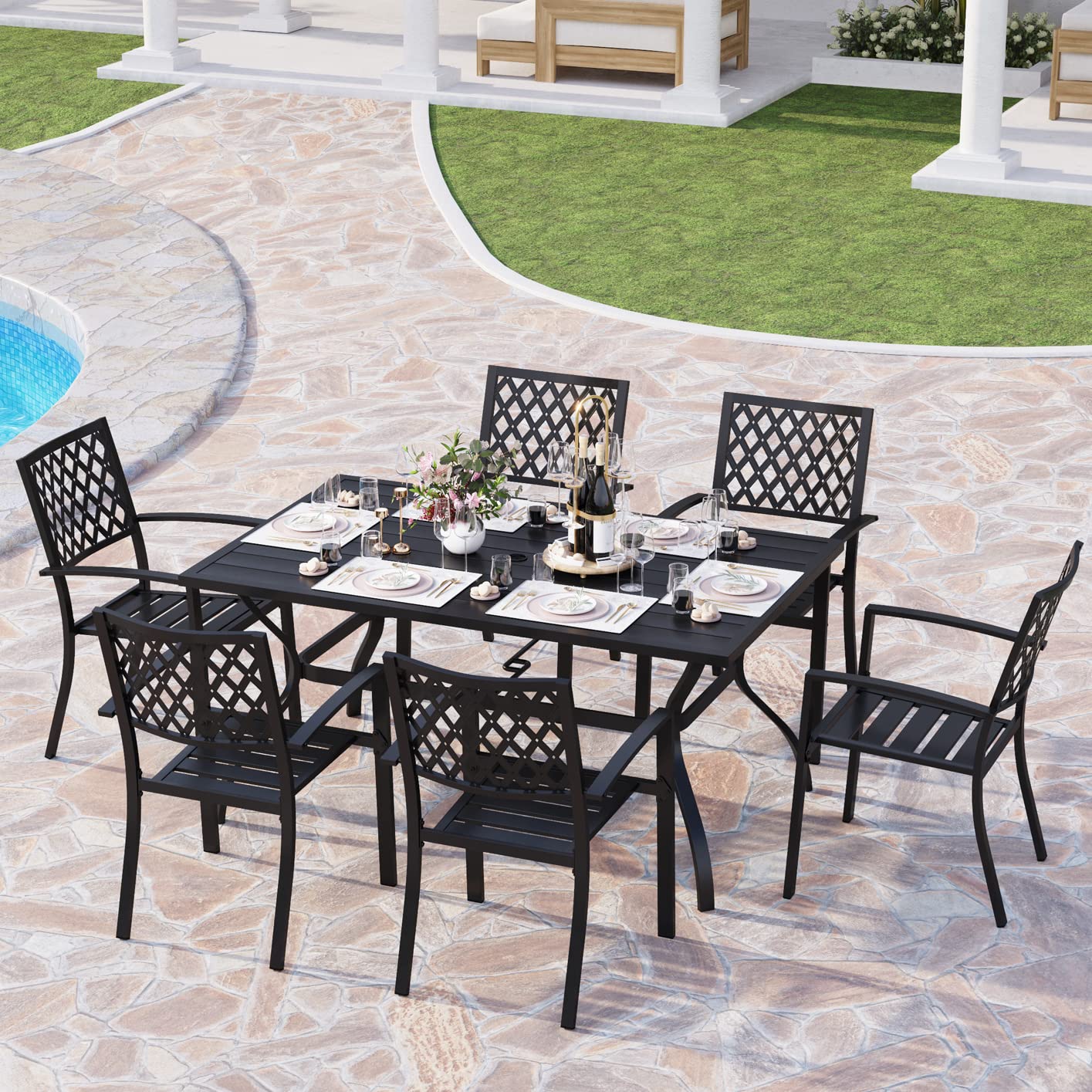 PHI VILLA 7-Piece Metal Patio Outdoor Table and Chairs Outdoor Dining Set - 60" Patio Table with Umbrella Hole and 6 Backyard Garden Chairs, Black