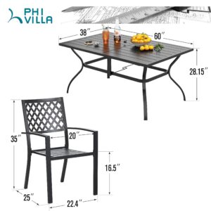 PHI VILLA 7-Piece Metal Patio Outdoor Table and Chairs Outdoor Dining Set - 60" Patio Table with Umbrella Hole and 6 Backyard Garden Chairs, Black