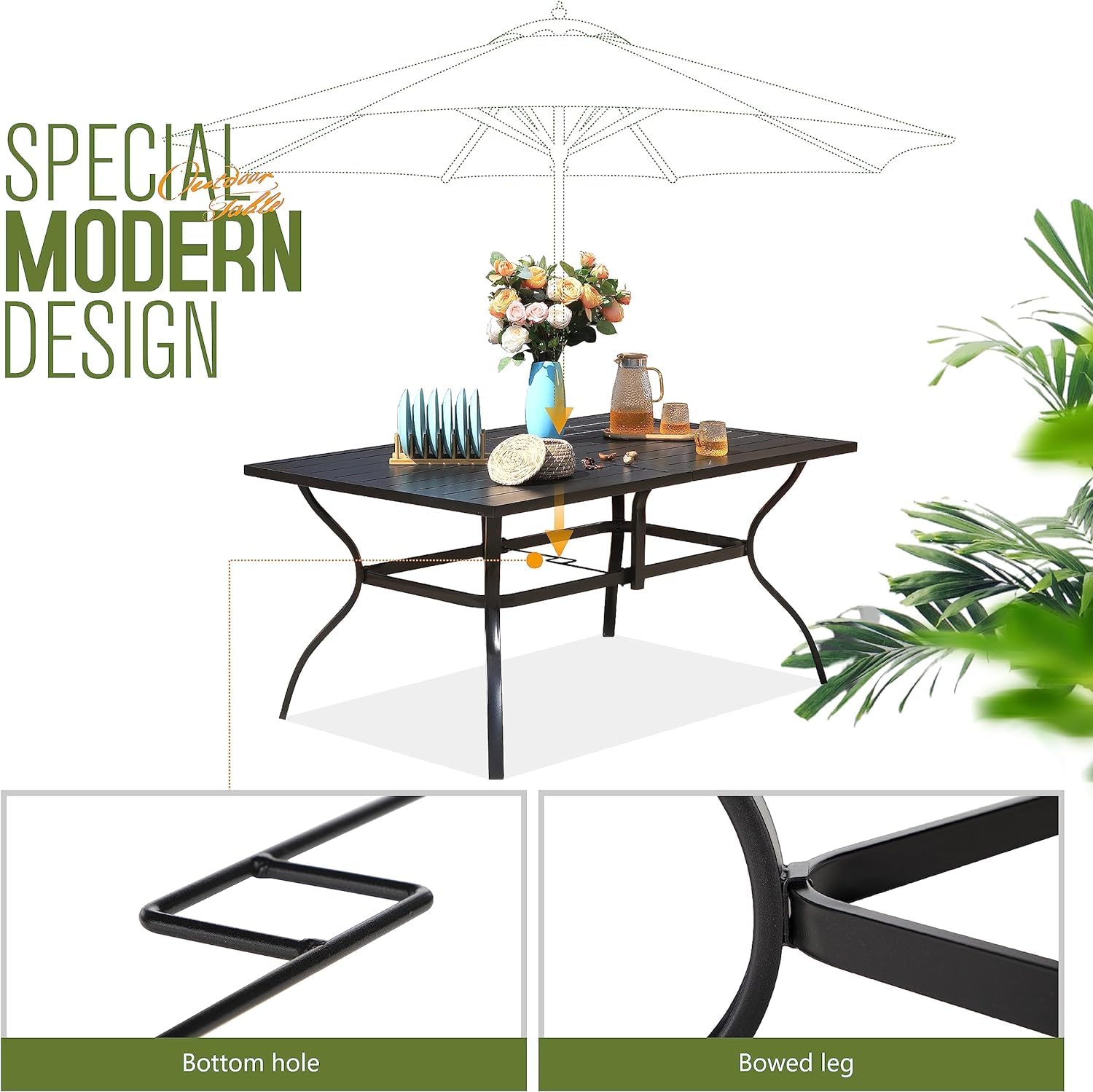 PHI VILLA 7-Piece Metal Patio Outdoor Table and Chairs Outdoor Dining Set - 60" Patio Table with Umbrella Hole and 6 Backyard Garden Chairs, Black