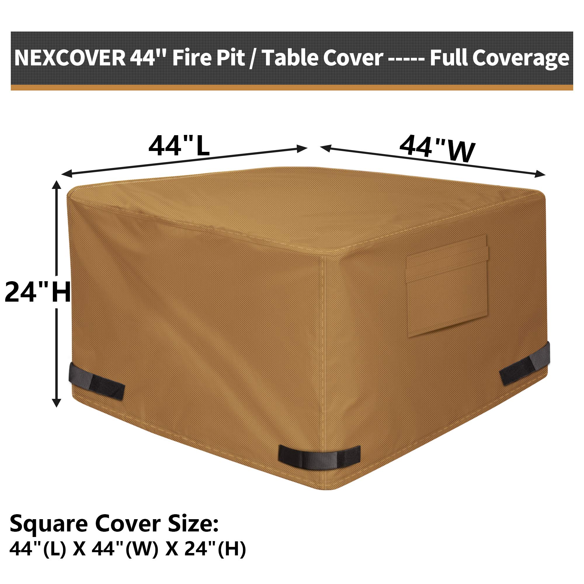 NEXCOVER Square Fire Pit Cover - Waterproof 600D Heavy Duty Fabric with PVC Coating, Fits Square Outdoor Fire Pit or Table 44”L x 44"W, Fade & Weather Resistant Cover, Brown.