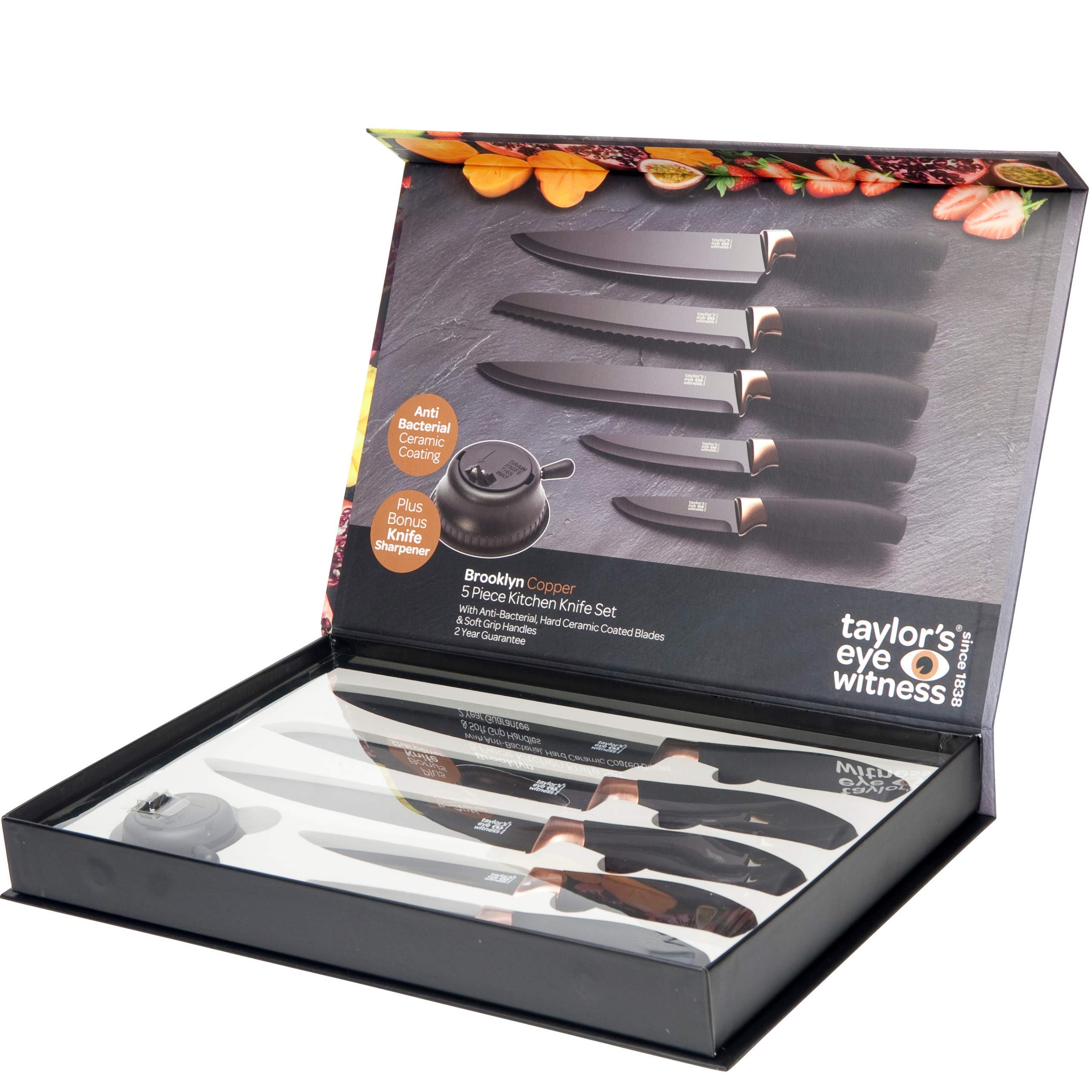 Taylors Eye Witness 5pc Kitchen Knife Gift Set - Brooklyn Copper Colored Bolsters, Matching Razor Sharp Titanium Coated Blades. Soft Grip Handles. 2yr Peace of Mind. Extra Sharpener for Knives