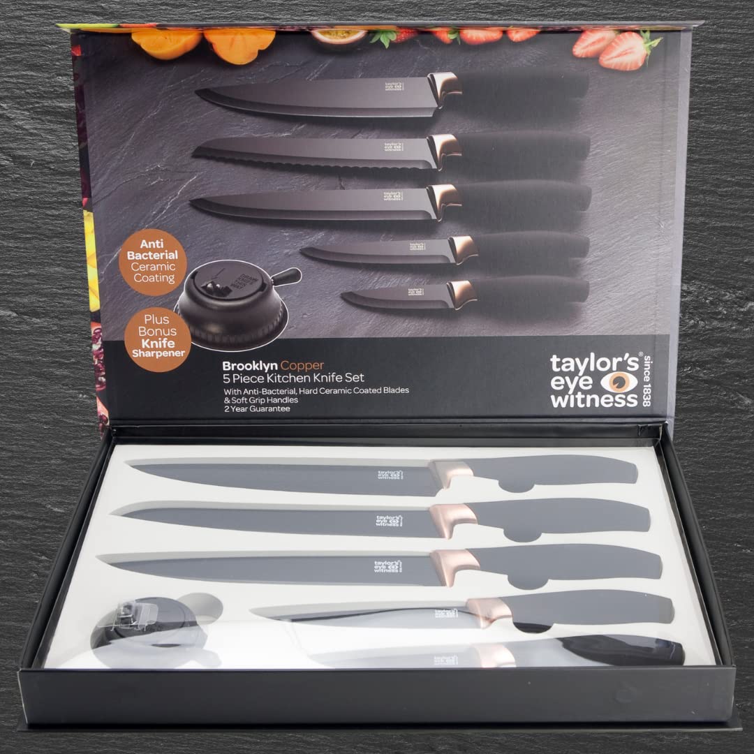 Taylors Eye Witness 5pc Kitchen Knife Gift Set - Brooklyn Copper Colored Bolsters, Matching Razor Sharp Titanium Coated Blades. Soft Grip Handles. 2yr Peace of Mind. Extra Sharpener for Knives