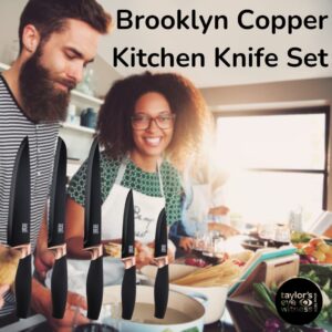 Taylors Eye Witness 5pc Kitchen Knife Gift Set - Brooklyn Copper Colored Bolsters, Matching Razor Sharp Titanium Coated Blades. Soft Grip Handles. 2yr Peace of Mind. Extra Sharpener for Knives