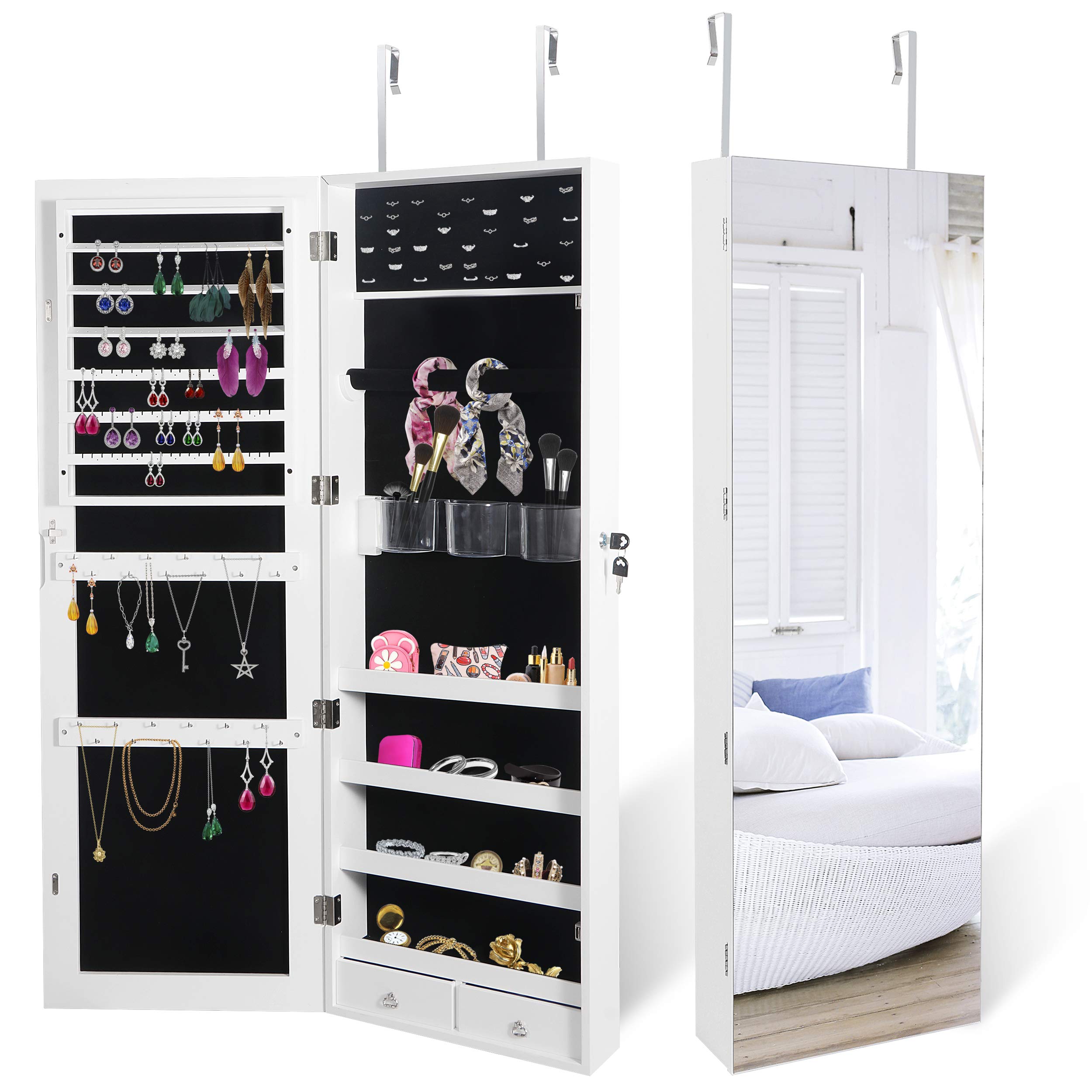 ZENY Mirror Jewelry Cabinet, Full Length Mirror with Jewelry Storage, Lockable Makeup Organizer Wall Door Mounted