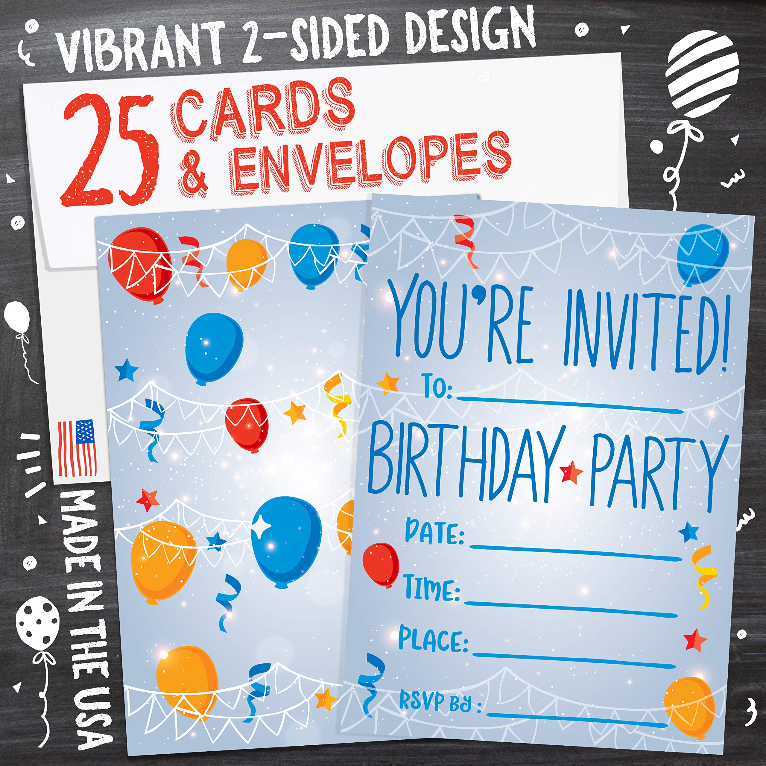 Drake Mason Party Invitations for Boys, Girls, Kids | 25 Invite Cards with Envelopes | Birthday Party Supplies… (Blue)