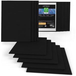 arteza black canvas boards for painting, 5 x 7 inches, pack of 14, blank small canvas panels for acrylic, oil and gouache painting