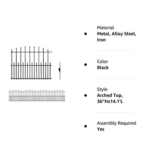 Black Steel Decorative Garden Fence Panels, Metal Fence Animal Barrier 36 in H x14.1 ft Long Landscape Border Fence Arched Top, Dog Fence Barrier