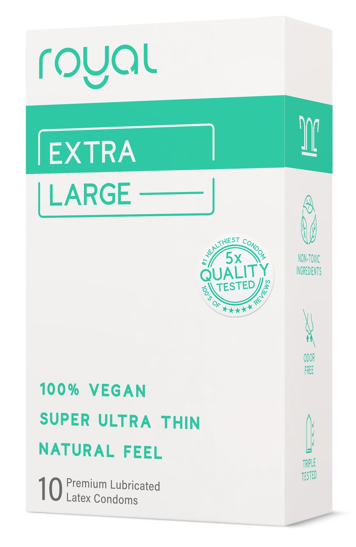 Royal Extra Large Ultra Thin Vegan Condoms for Men - Premium Lubricated Natural Condom - Unflavored Lubricant, Organic Latex - Odorless, Snug, Natural Feel - Safe & Durable - 10 Pack