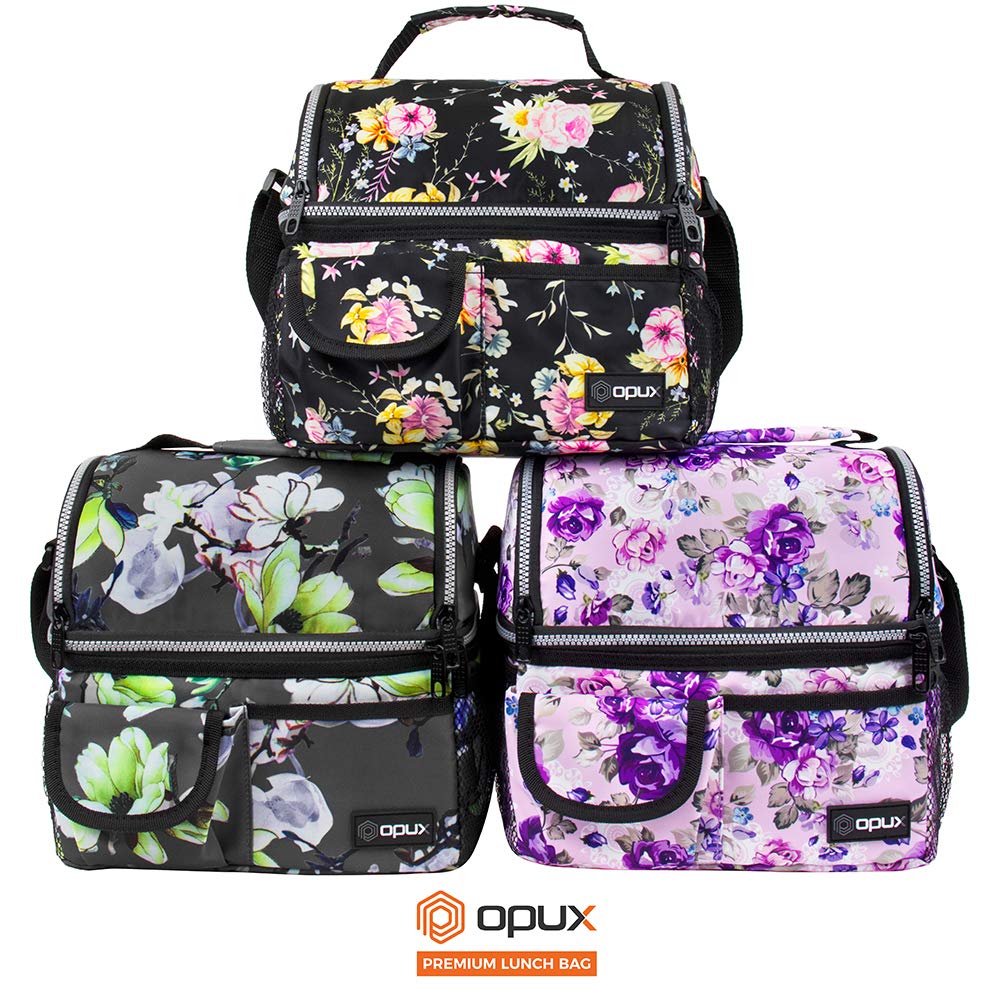 OPUX Lunch Bag Women Insulated, Adult Lunch Box Cooler, Flower Lunch Box, Dual Compartment Lunchbox for Work, Leakproof Double Decker Lunch Bag, Soft Lunch Pail Tote Girls Kids School, Floral Gray