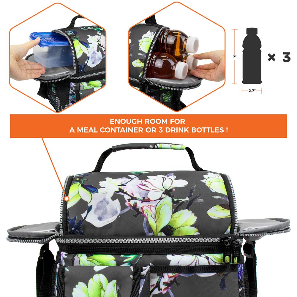 OPUX Lunch Bag Women Insulated, Adult Lunch Box Cooler, Flower Lunch Box, Dual Compartment Lunchbox for Work, Leakproof Double Decker Lunch Bag, Soft Lunch Pail Tote Girls Kids School, Floral Gray