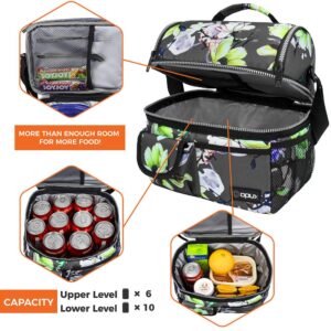 OPUX Lunch Bag Women Insulated, Adult Lunch Box Cooler, Flower Lunch Box, Dual Compartment Lunchbox for Work, Leakproof Double Decker Lunch Bag, Soft Lunch Pail Tote Girls Kids School, Floral Gray