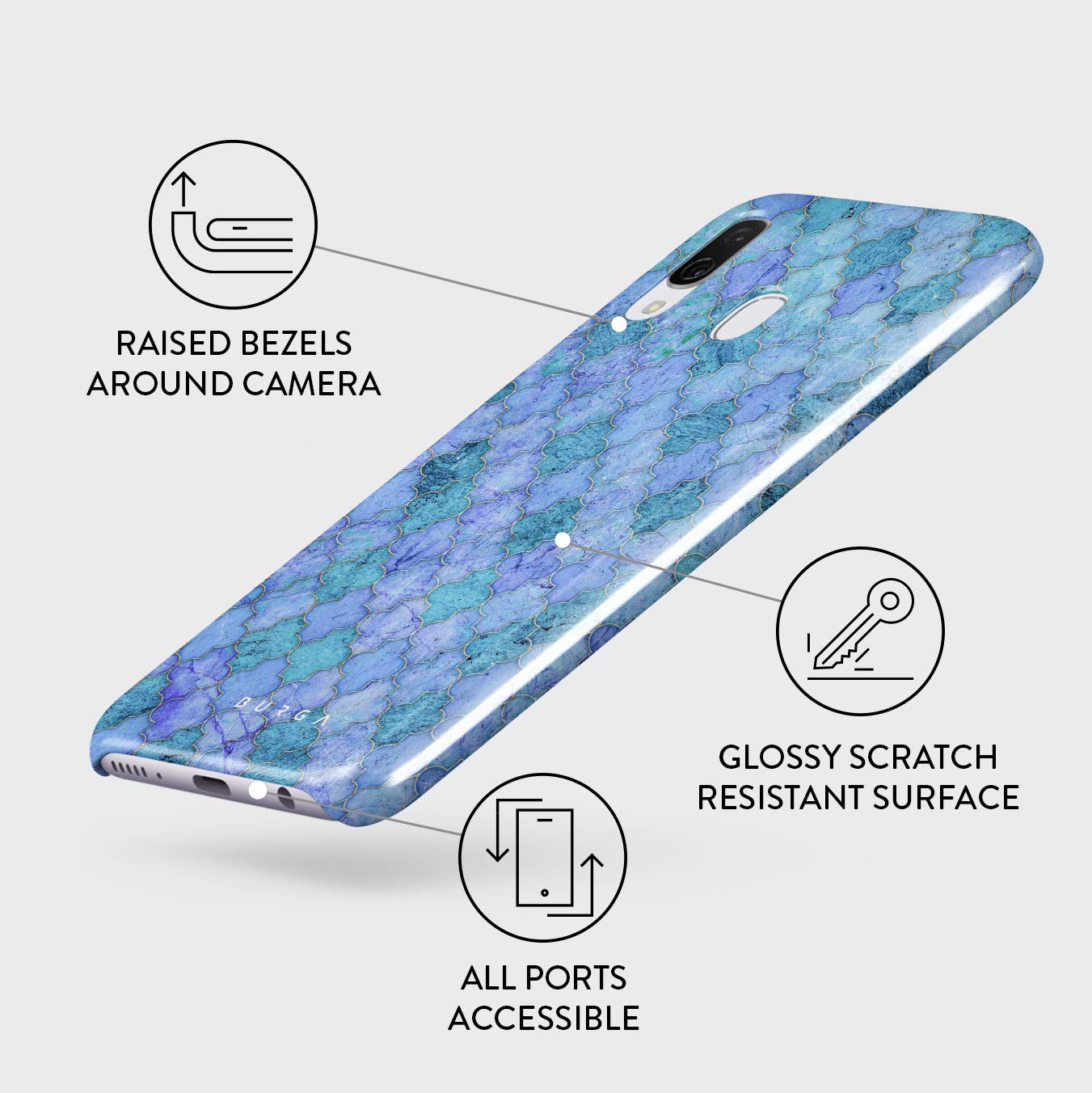 BURGA Phone Case Compatible with Samsung Galaxy A40 - Paradise Valley Turquoise Teal Moroccan Tiles Pattern Mosaic Cute Case for Women Thin Design Durable Hard Plastic Protective Case