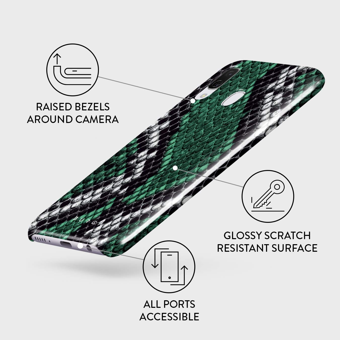 BURGA Phone Case Compatible with Samsung Galaxy A40 - Emerald Cobra Savage Green Snake Skin Cute Case for Women Thin Design Durable Hard Plastic Protective Case