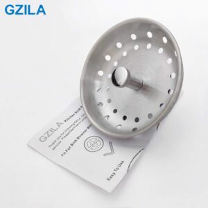 GZILA Kitchen Sink Basket Strainer Stopper, Replacement for 3-1/2 Inch Standard Kitchen Sink Drain, 304 Stainless Steel Brushed Nickel, Rubber Stop, Metal Knob