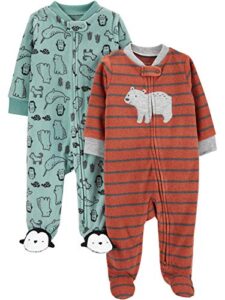 simple joys by carter's baby boys' 2-pack fleece footed sleep and play, rust stripe/spruce green forest animals, 3-6 months