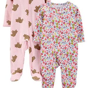 Simple Joys by Carter's Baby Girls' Cotton Sleep and Play, Pack of 2, Pink Bear/White Floral, 0-3 Months