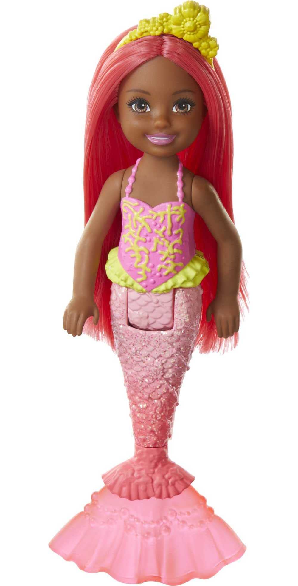 Barbie Dreamtopia Chelsea Mermaid Doll with Coral-Colored Hair & Tail, Royal Headband Accessory, Small Doll Bends at Waist