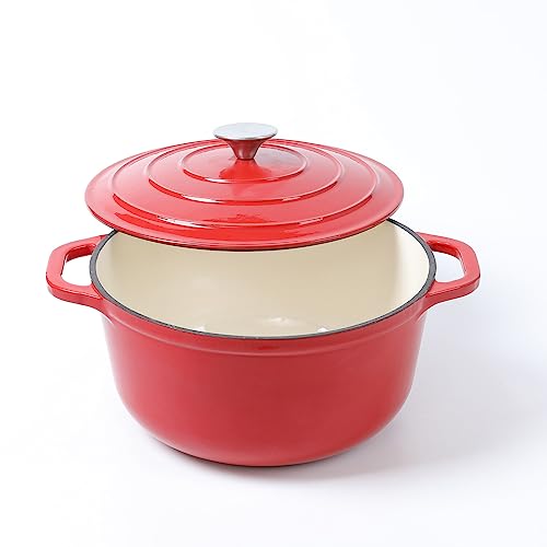 HAWOK Enameled Cast Iron Dutch Oven with Lid, 5 Quart, Deep Round Dutch Oven with Dual Handles, Red