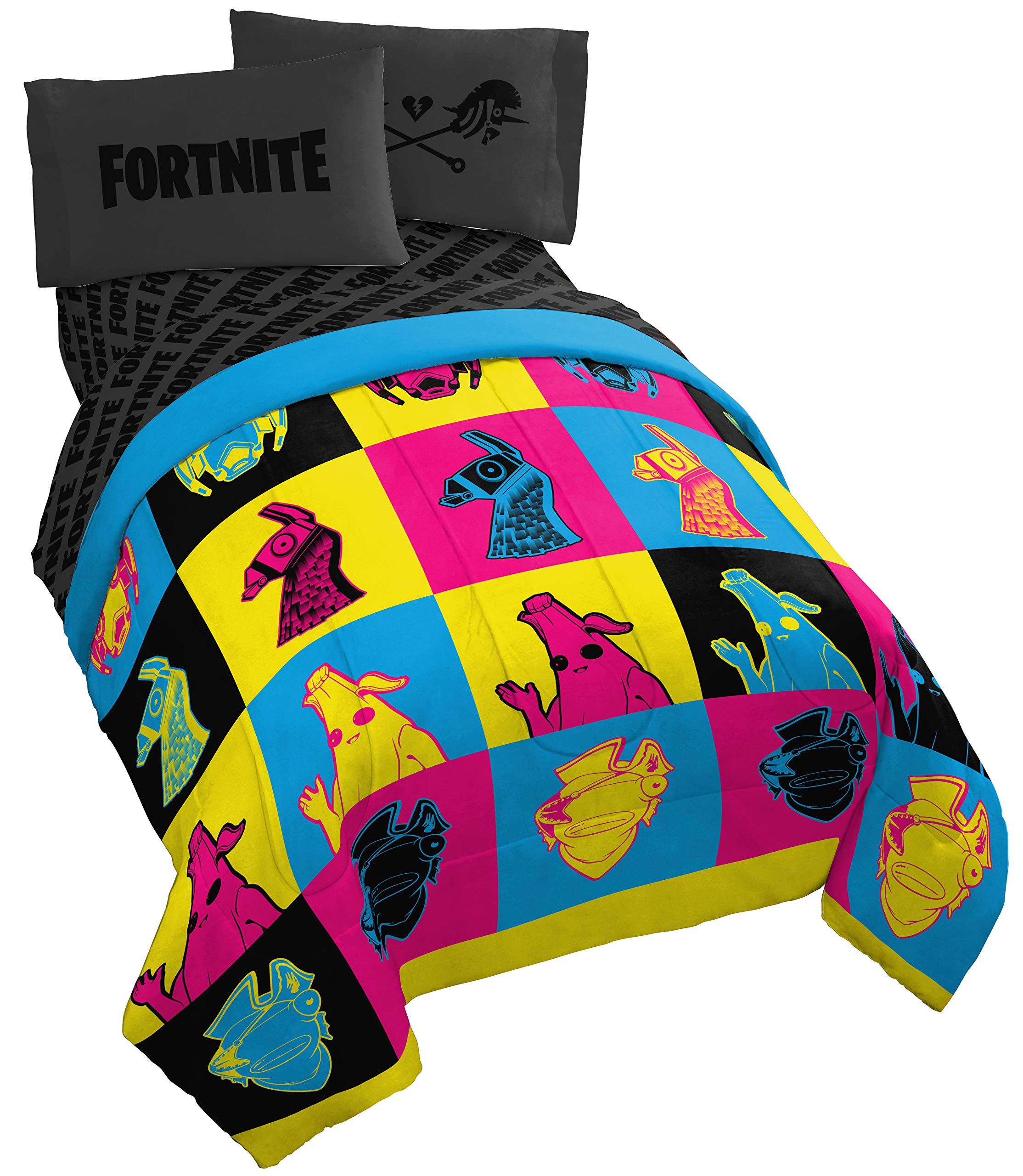 Jay Franco Fortnite Neon Warhol 5 Piece Full Bed Set - includes Comforter & Sheet Set - Bedding Features Llama, Peely, & Vertex - Super Soft Fade Resistant Microfiber (Official Fortnite Product)