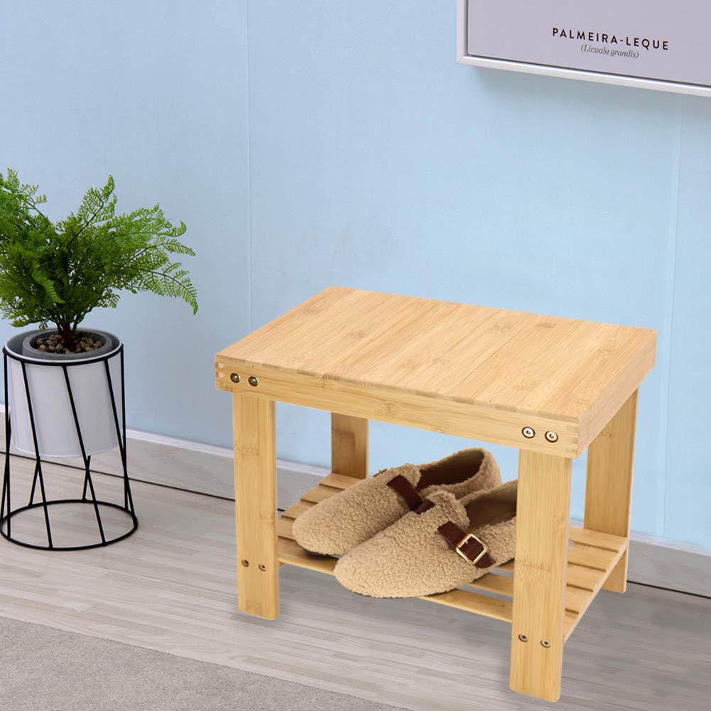 KKTONER Bamboo Step Stool with Storage Shower Bench with Shelf Foot Stool for Bathroom Living Room Bedroom Natural Color